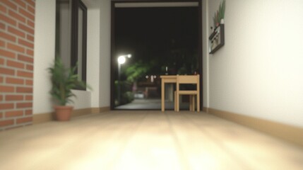 Night entryway with small desk, and plant.