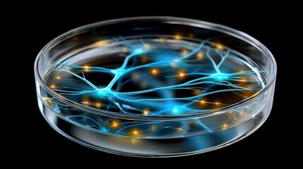Neural cells glowing in a petri dish, illustrating scientific research in biotechnology or neuroscience.