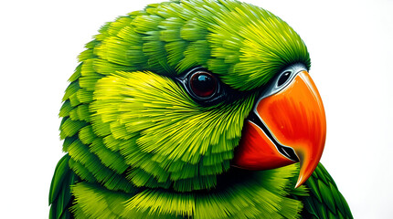 Pastel Portrait of a Colorful Green Parrot with Orange Beak on White Background — Soft Light & Subtle Detail, Generative AI