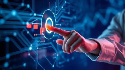 Finger touching digital interface futuristic technology concept innovation network circuitry data processing