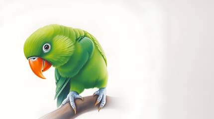 Pastel Portrait of a Colorful Green Parrot with Orange Beak on White Background — Soft Light & Subtle Detail, Generative AI