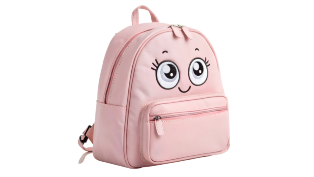 Adorable pink backpack with cartoon eyes and smile for childrens school or travel bag Isolated On White Transparent Background PNG File Cut Out Social Media Advertisement HD photo Banner Label poster.