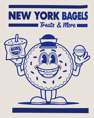 Animated New York Bagels character holding treats. A cheerful, cartoonish bagel mascot, in a vintage style, holds a bagel and a treat. 