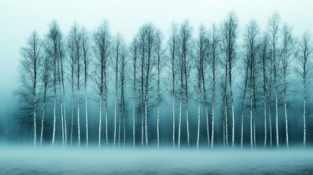 Bare winter trees in a blue foggy forest landscape creating a tranquil and mysterious atmosphere
