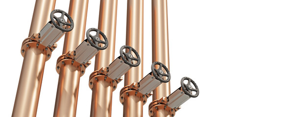 Group of copper pipelines with valves. Copy space. Isolated on a transparent background. 3d illustration.