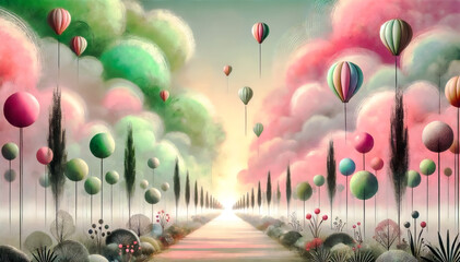 Whimsical fantasy scene with pastel clouds, glowing path, floating hot air balloons, and surreal spherical trees creating a dreamlike, peaceful atmosphere of magic and wonder.