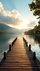 Naklejka premium Sunset on wooden pier with trees in foreground