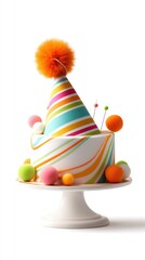 Colorful Birthday Cake with Striped Party Hat and Pom Poms