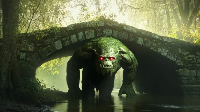 A large green monster is walking through a bridge. The monster has red eyes and is surrounded by water. The scene is dark and eerie, with the monster looming over the bridge
