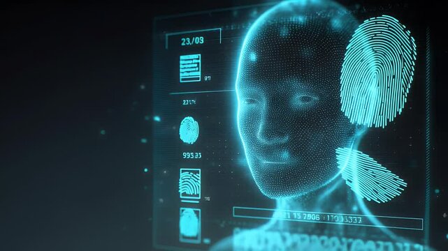 3D digital facial recognition with biometric fingerprint and retina scan UI, perfect for security systems, AI, and identity verification concepts.

