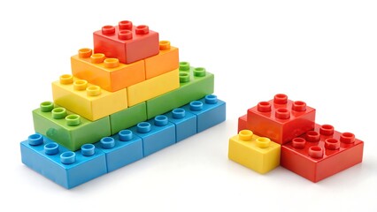 Fototapeta premium Colorful building blocks arranged in pyramid and small structures against a white background displaying construction