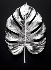 a close-up shot of a silver monstera leaf against a black background. The leaf's unique shape and intricate details stand out dramatically