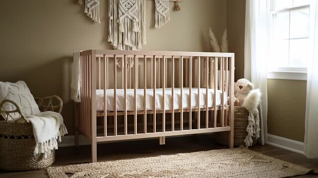 Baby crib in a neutral nursery