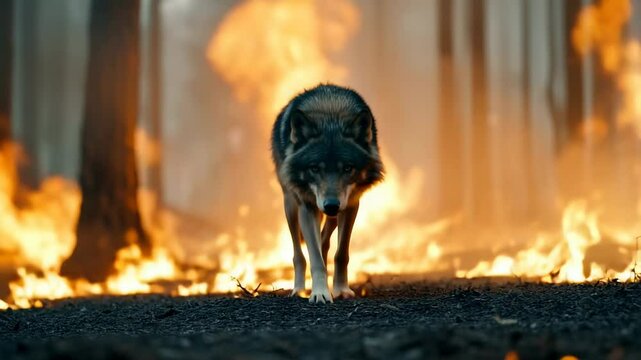 Wolf walking through forest fire in a dramatic display of nature resilience and survival in wild landscapes