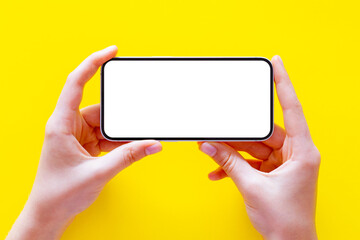 Horizontal mobile phone camera screen mockup on yellow background