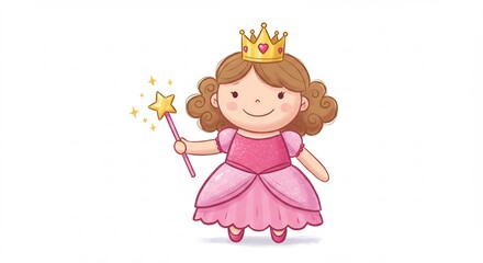 Smiling princess playfully holds magic wand glowing softly against white background. AI Generated
