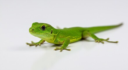 Fototapeta premium Brightly lit vibrant green lizard calmly poses against stark white background. AI Generated