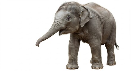 Naklejka premium Adorable baby elephant stands gently against bright white background. AI Generated