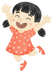 Watercolor Illustration of a Happy Girl Jumping with Joy