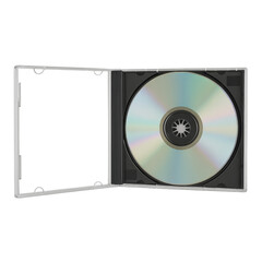 Compact disc in open jewel case on transparent background