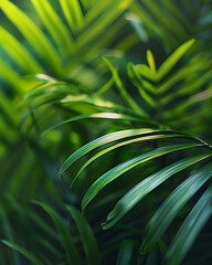 Close-up of lush tropical palm leaves in soft natural light