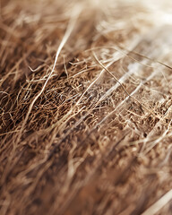 Extreme close-up of coconut husk texture in warm sunlight