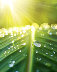 Leaf with dewdrops sparkling under bright morning sunlight