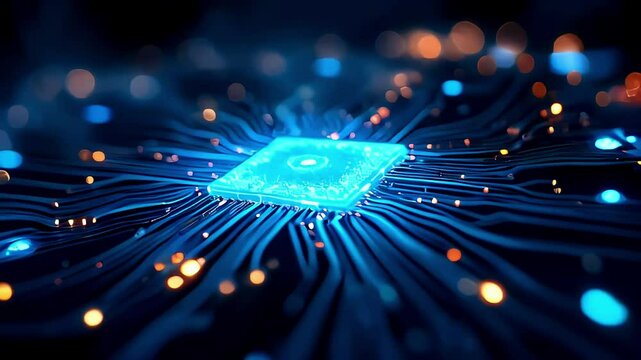 Close-up of glowing microchip on circuit board representing advanced computing technology and innovation in high-tech electronics