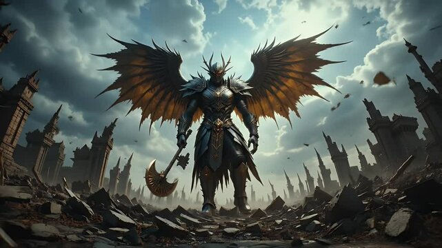 Armored Demon Warrior with Axe and Wings in Ruined Landscape