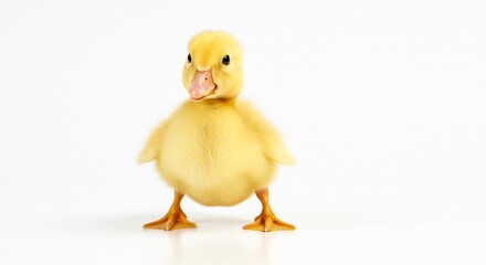 Fototapeta premium Fluffy yellow duckling stands proudly soft light background. AI Generated