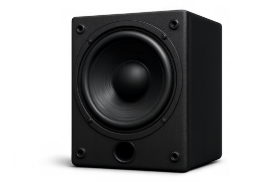 Powerful black sound speaker delivering high-quality audio on transparent background
