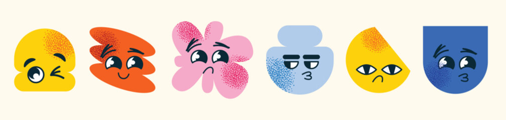 Set of abstract geometric characters expressive facial expressions. Concept emotions  happiness, sadness, confusion, and smugness. Flat vector cartoon style illustration isolated emotion icons
