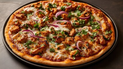 Delicious and gourmet chicken tikka pizza freshly baked with toppings on a black plate