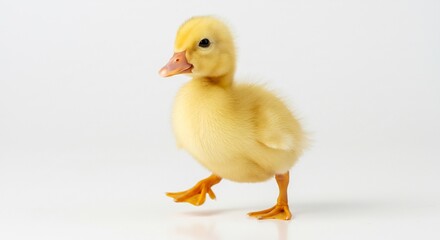 Fototapeta premium Fluffy yellow duckling walks confidently against bright white background. AI Generated