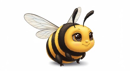 Adorable chubby bee cheerfully floats on white background soft light. AI Generated