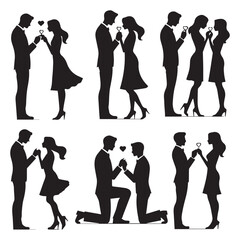 set of black Romantic couple lovers proposing in various poses vector silhouettes isolated on white background