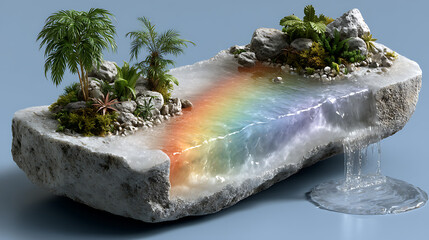 Hyper-Realistic Fantasy Island with Shimmering Waterfalls, Rainbow Mist, and Ethereal Light on Isolated Soft Background – High-Detail Nature Scene for Dreamlike Design