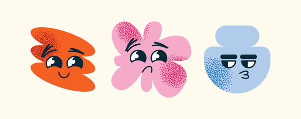 Set of abstract geometric characters expressive facial expressions. Concept emotions  happiness, sadness, confusion, and smugness. Flat vector cartoon style illustration isolated emotion icons