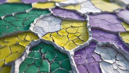 Close-up of Colorful Cracked Paint Texture in Green, Yellow, Purple, and Gray Hues