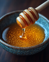 Golden Honey Dripping from Wooden Dipper into Rustic Ceramic Bowl on Wooden Table