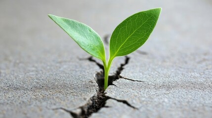 Tiny sprout emerges from cracked asphalt, symbolizing resilience and new growth