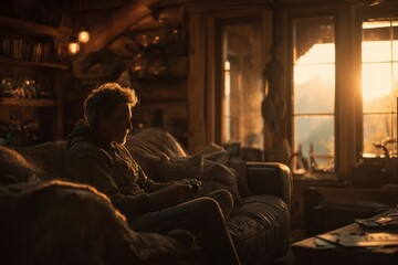 Man playing video games in a cozy cabin at sunset.