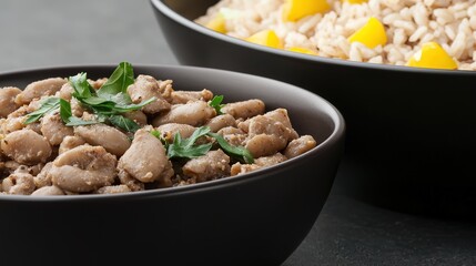 Savory beans with rice side dish.