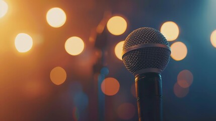 Performance Microphone on Stage with Warm Bokeh Lights