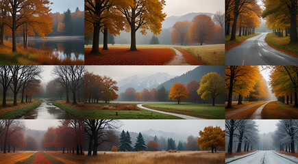 a collage of serene autumn and winter scenes,generative.ai
