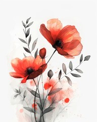 Red Floral Watercolor with Gray Leaves on White Background