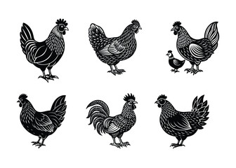Hand-Drawn Vintage Hen and Rooster Illustration Set in Black and White