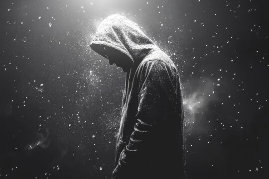 A Lonely Figure in a Hooded Sweatshirt, Disintegrating in a Dark and Dusty Atmosphere