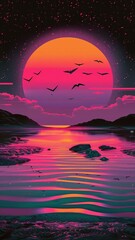 Vibrant Neon Landscape Horizon with Flying Birds