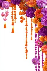Vibrant Floral Border with Hanging Garlands on White